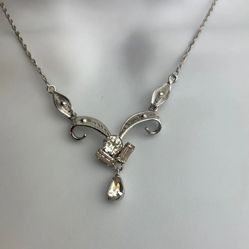 Elegant Filigree Sterling Silver Necklace with Crystal Accents- Bridal Knockout!
